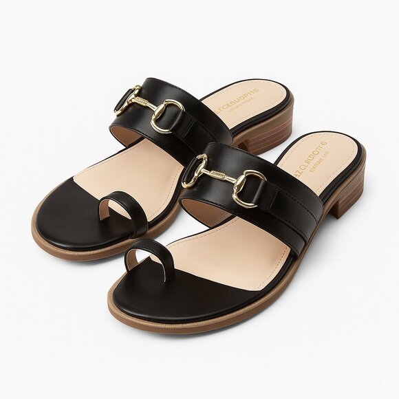 Liz Claiborne Argent Black Leather Slip-On Sandals Size 7M | Gold Bit Hardware - Picture 1 of 10